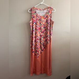 LOGO by Lori Goldstein Midi‎ Dress- Cotton and Satin Peach Floral Boho Flowy